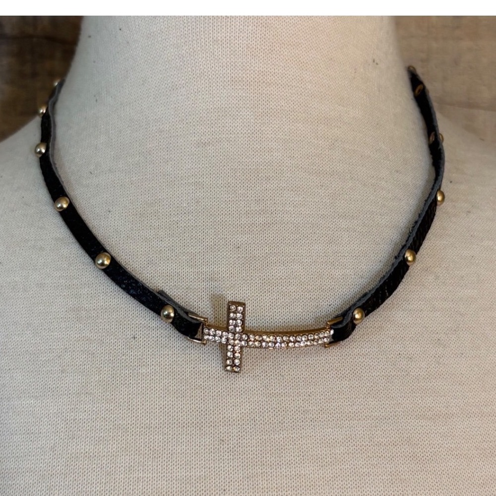 Black Faux Leather Studded Choker Necklace Gold Rhinestone Cross Pendant